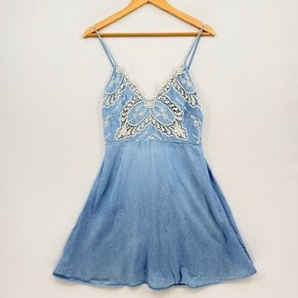 Molly Bracken Mini Dress Womens Large Blue Lace Crochet Boho Cottagecore Coastal
